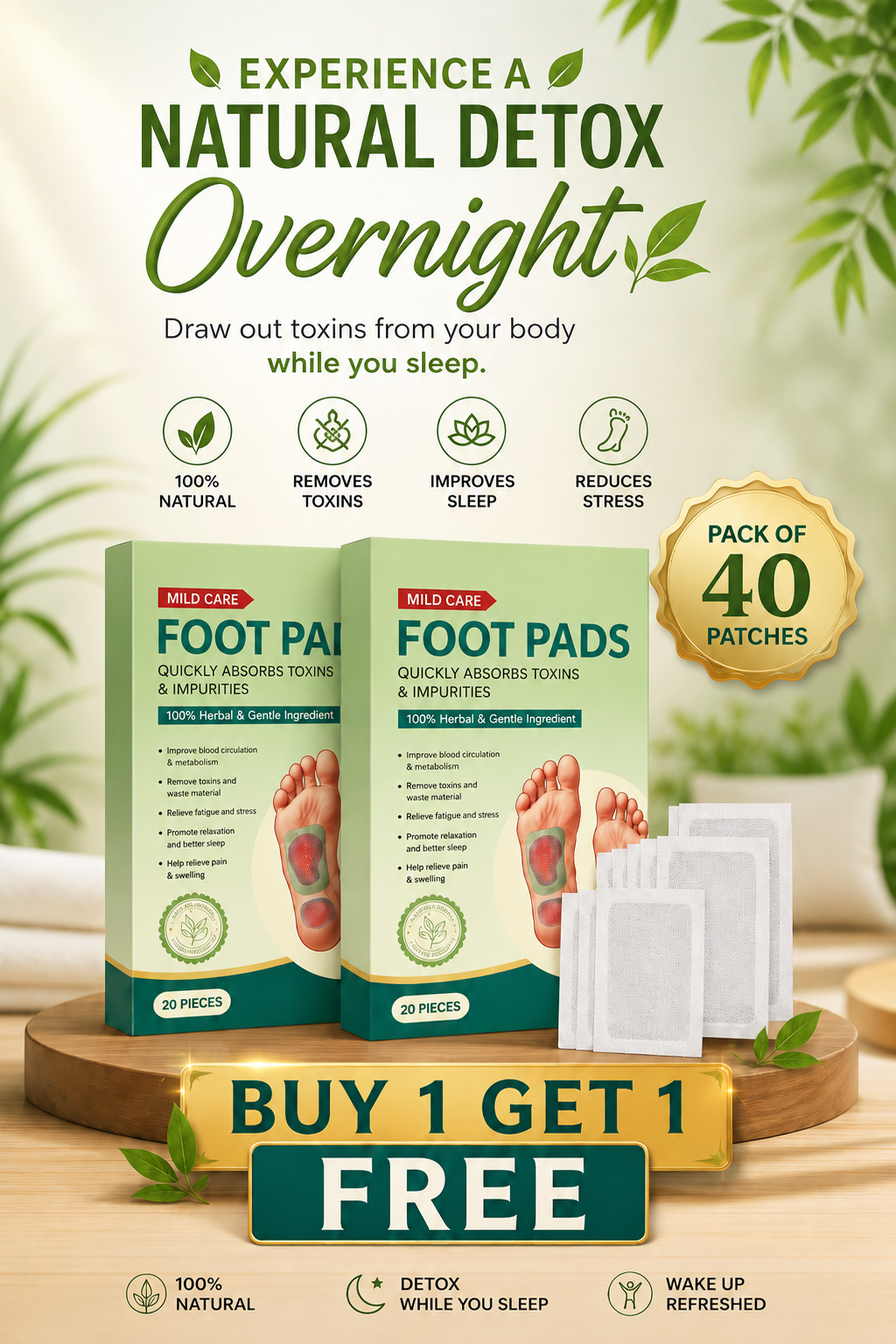 Premium Natural Detox Foot Patches (Pack of 40) BUY 1 GET 1 FREE